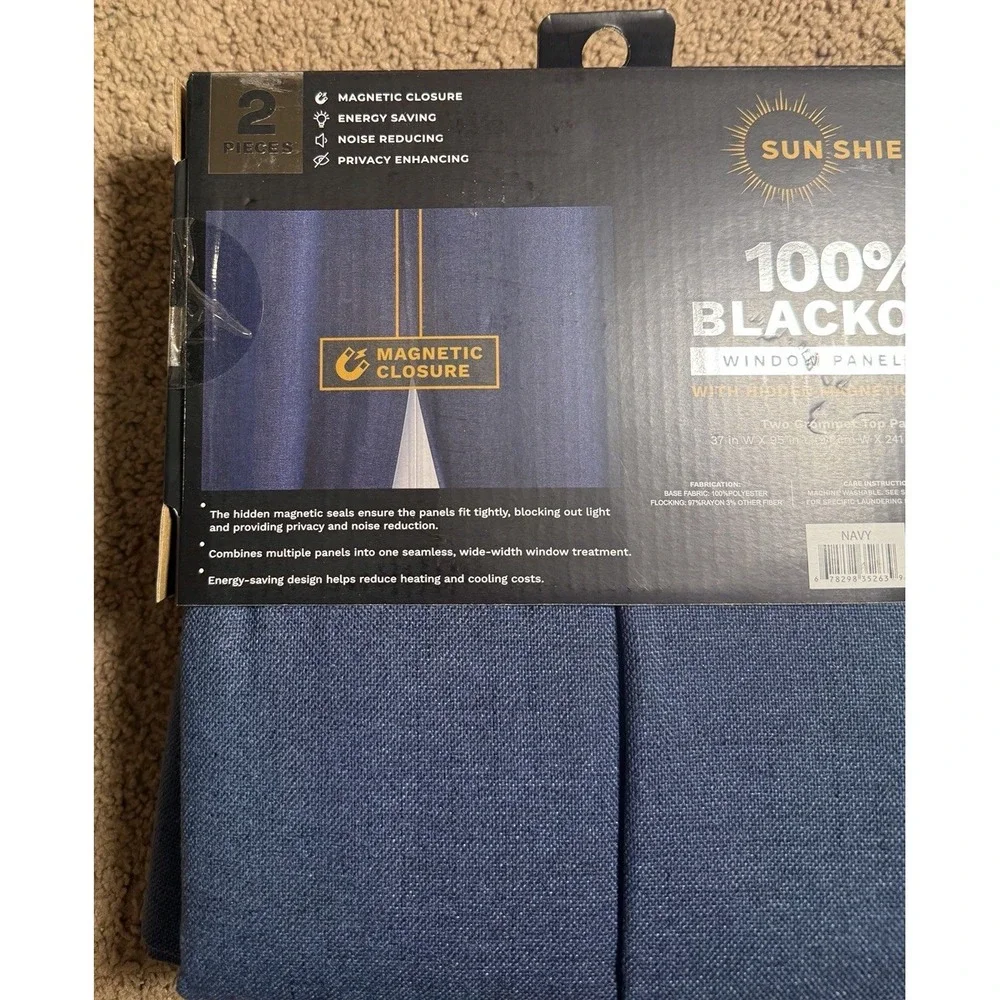 Blackout Window Curtains Pair With Hidden Magnetic Closure Navy